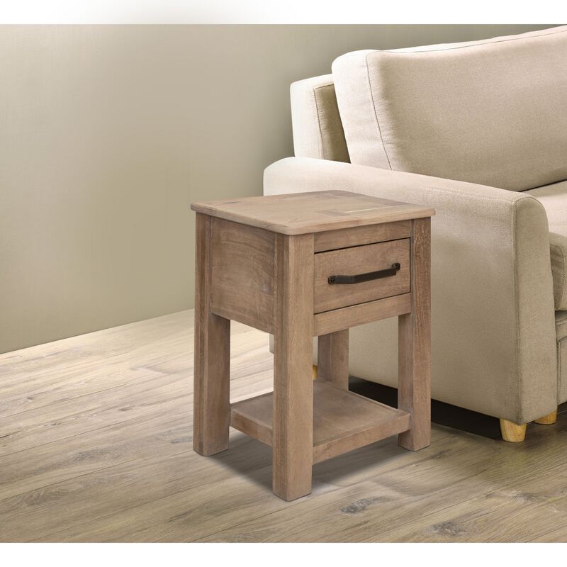 Benjara Umey 24 Inch Chairside Table, Drawer, Lower Shelf, Natural Wood, Brown and Black