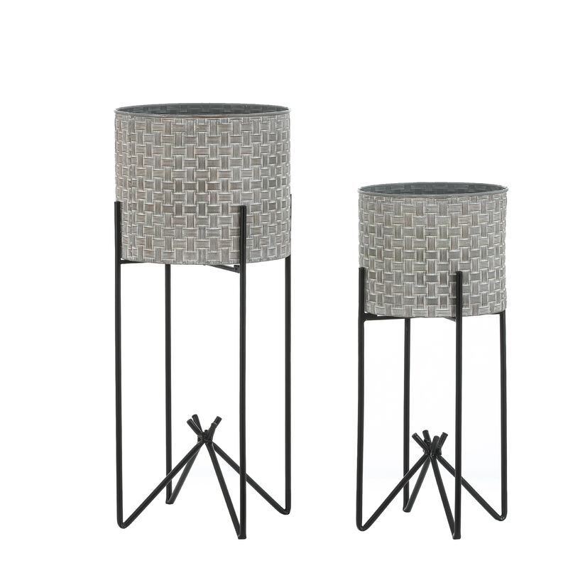 LuxenHome Set of 2 Gray and Black Metal Cachepot Planters with Stands