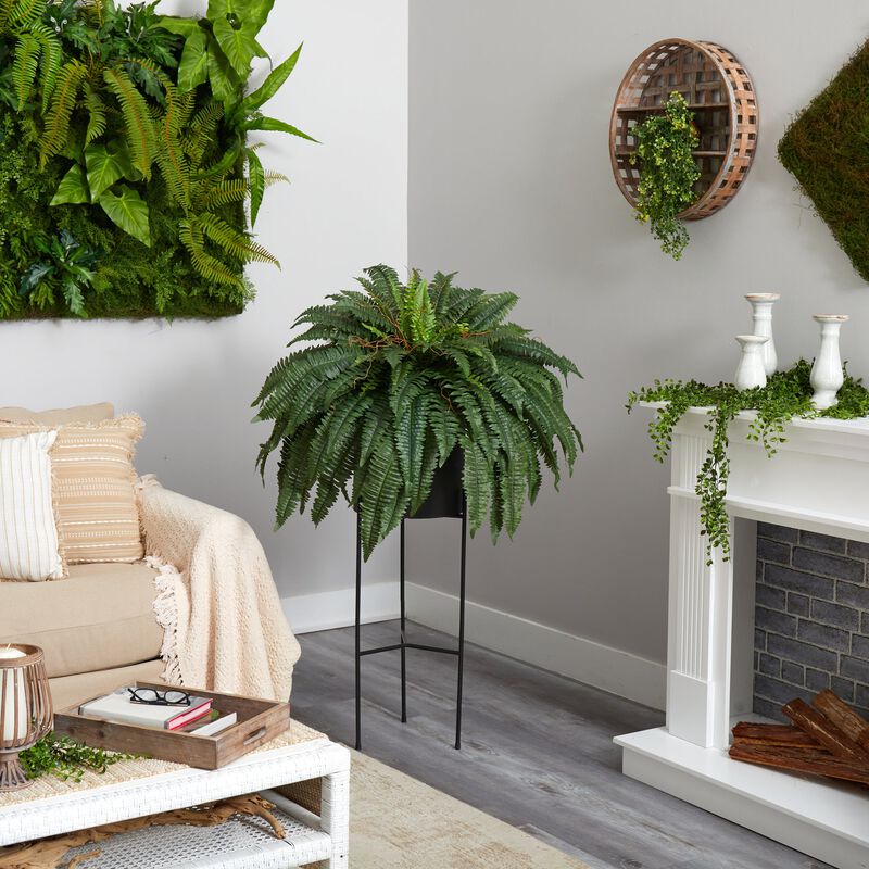 Hivvago 51" Boston Fern Artificial Plant in Black Planter with Stand