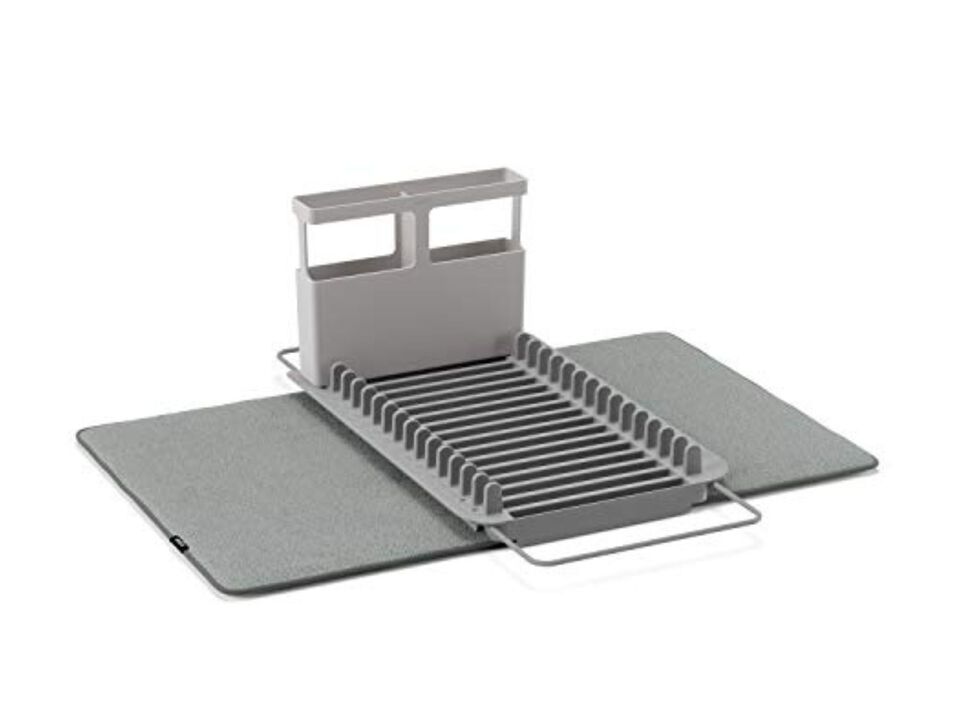 Umbra Udry Rack and Microfiber Dish Drying Mat-Space-Saving Lightweight Design Folds Up for Easy Storage, Over The Sink, Charcoal