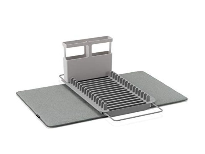 Umbra Udry Rack and Microfiber Dish Drying Mat-Space-Saving Lightweight Design Folds Up for Easy Storage, Over The Sink, Charcoal