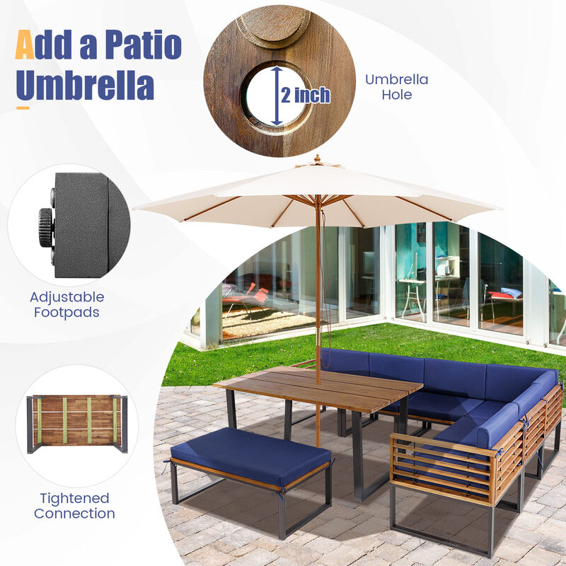 8 Pieces Patio Acacia Wood Dining Table Set with Ottoman Cushions
