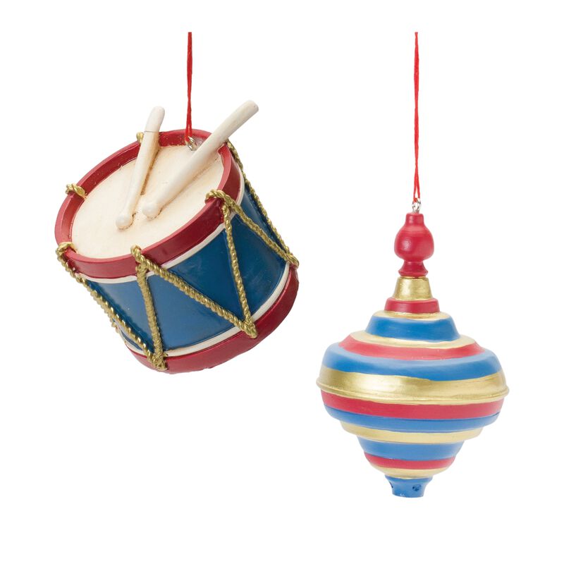 Drum and Top Christmas Ornaments for Holiday Tree Decoration (Set of 12)
