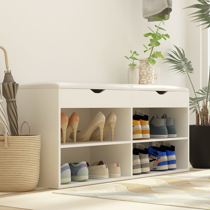 21.2 in. H x 47.2 in. W, White Wooden Shoe Storage Cabinet with Seating Cushion Open Shelf and Hiden Place (for 8 Pairs)