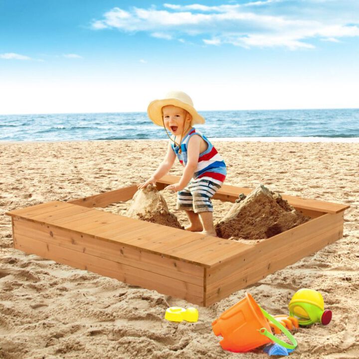 Hivvago Kids Wooden Sandbox with Bench Seats and Storage Boxes