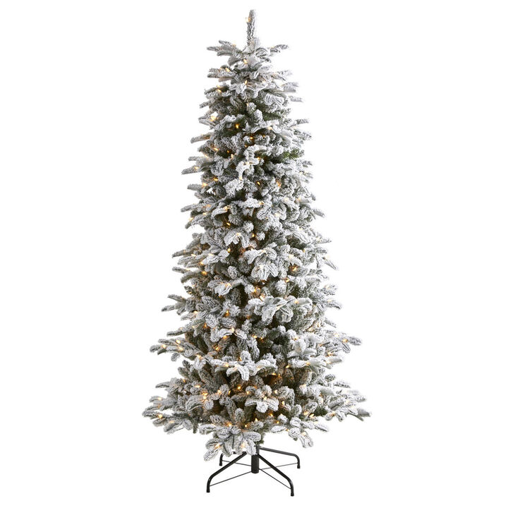 Nearly Natural  7 ft. Flocked North Carolina Fir Artificial Christmas Tree with 550 Warm White Lights & 2090 Bendable Branches