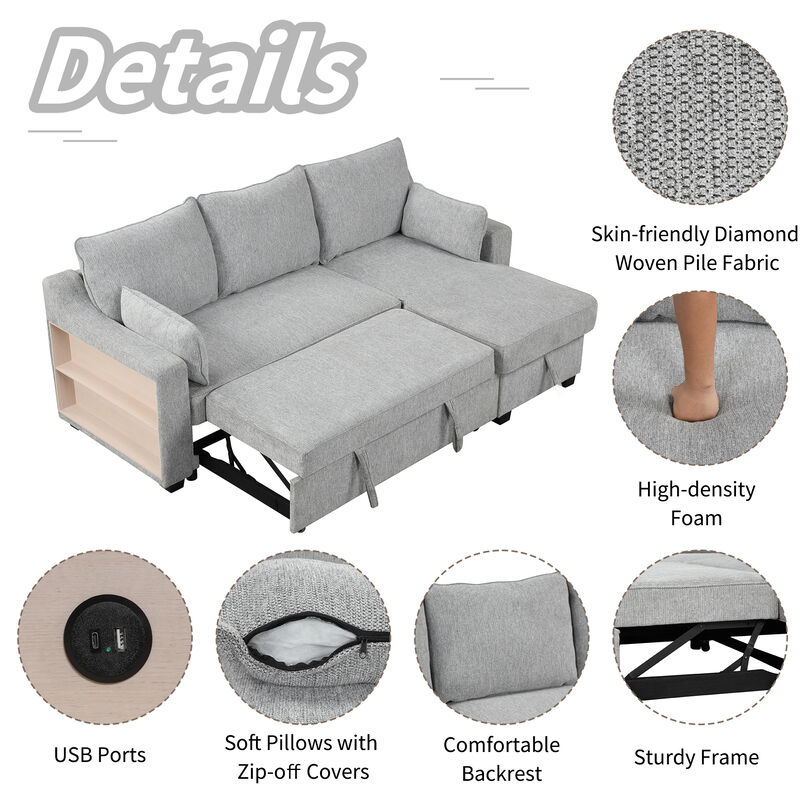 90" Pull Out Sleeper Sofa L-Shaped Couch Convertible Sofa with USB ports