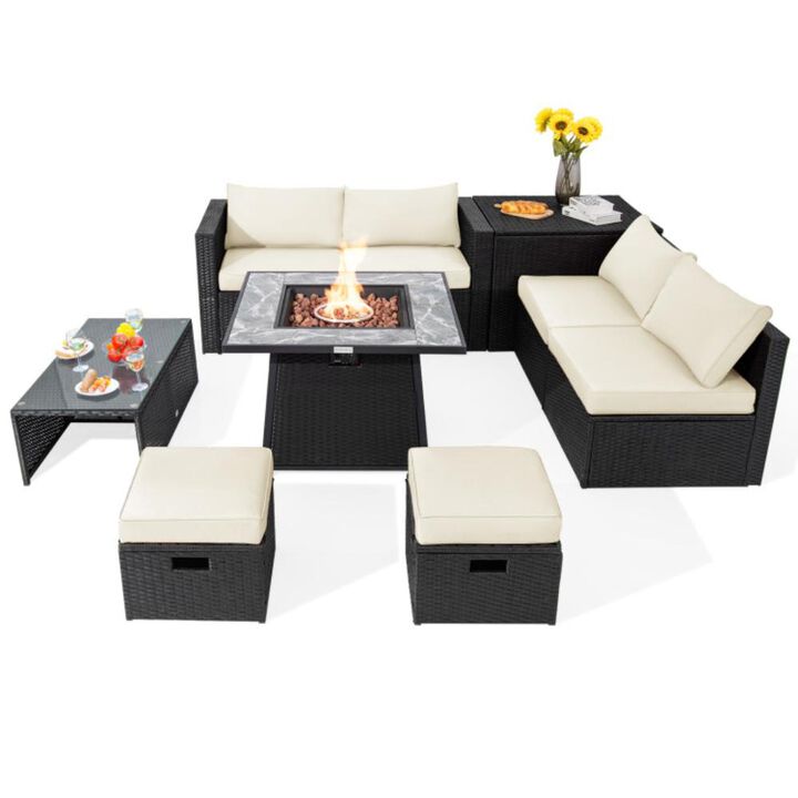 Hivvago 9 Pieces Outdoor Wicker Sectional with 35 Inch Gas Fire Pit Table