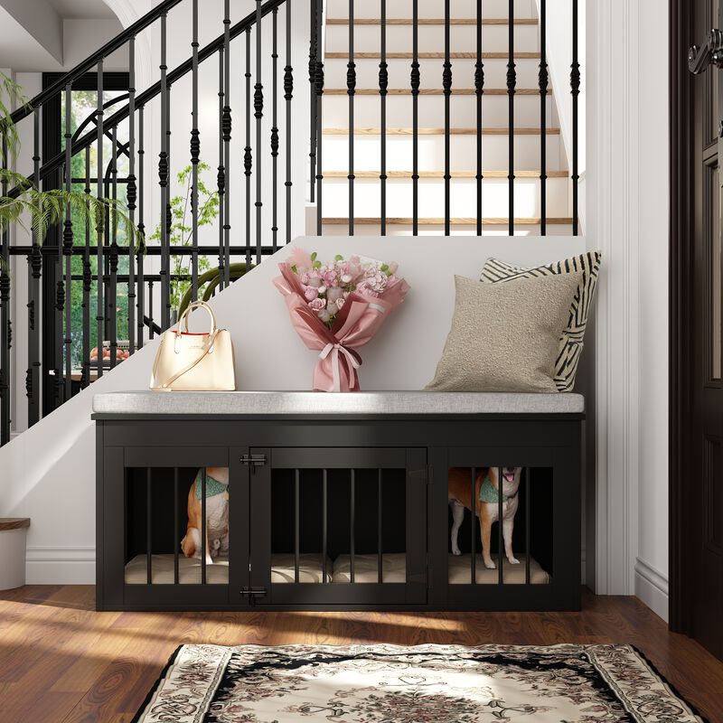 Wooden Bed End Bench Dog Crate, Dog Kennel Indoor Modern Crates Entryway Bench Furniture for Small Medium Pets, Black