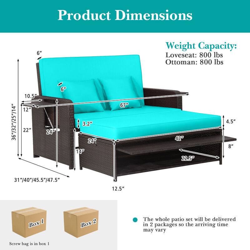 Patio Rattan Daybed with 4-Level Adjustable Backrest and Retractable Side Tray