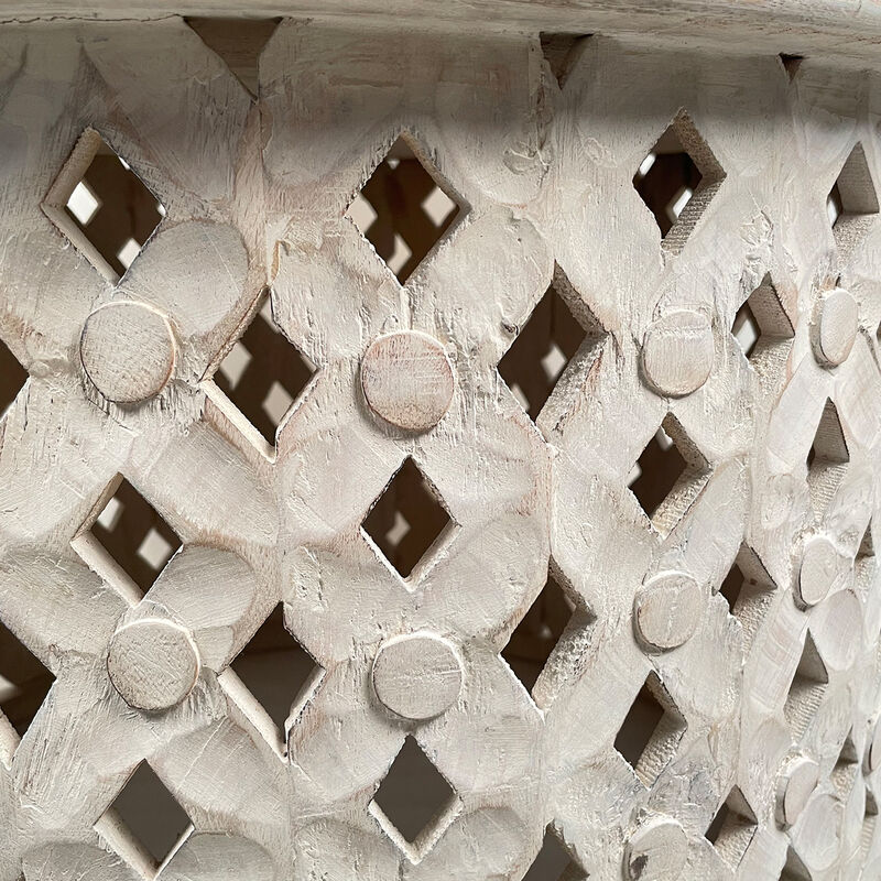 28 Inch Artisanal Round Mango Wood Coffee Table, Intricate Diamond Lattice Cut Out Frame, Washed White-Benzara