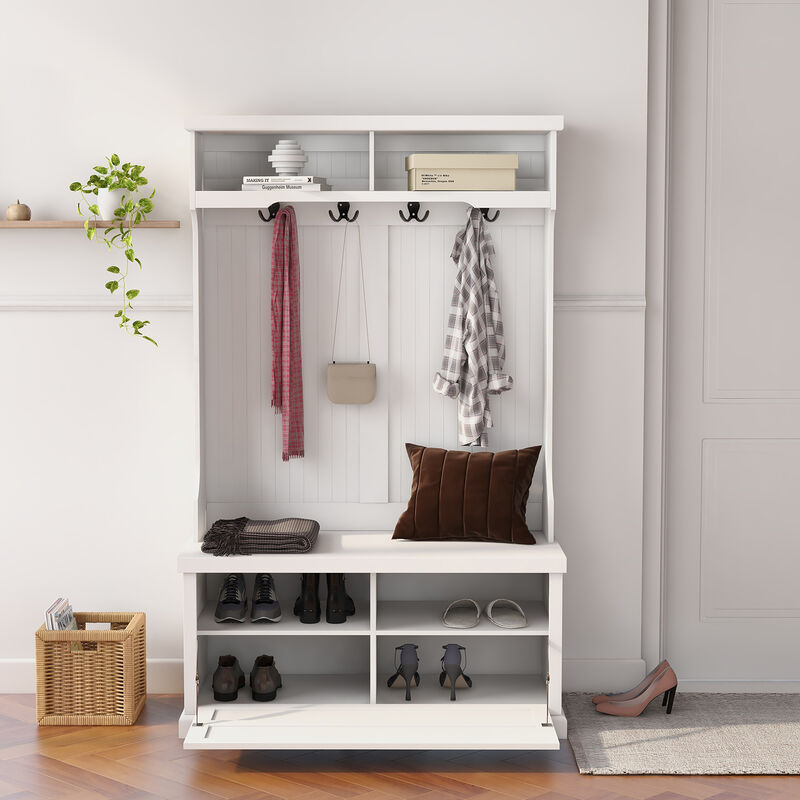 White Wood Hall Tree with Bench Shoe Cabinet