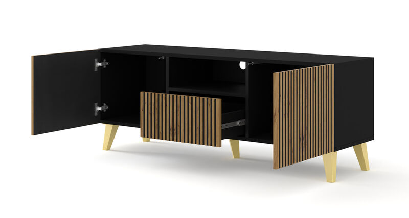 TV Stand RAVENNA F 59'' 2D1S Milled MDF Fronts Black Matt / Natural Artisan Oak