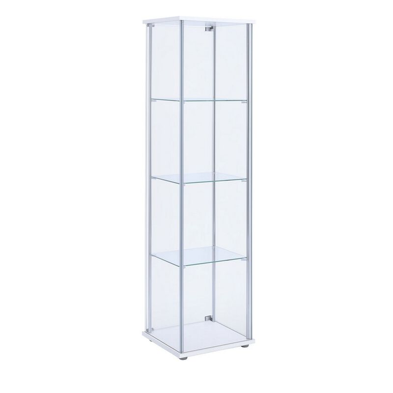 Glass and Metal Curio Cabinet with 4 Shelves, Clear and White-Benzara