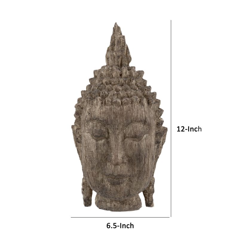 12 Inch Buddha Head Sculpture, Calming Accent Decoration, Polyresin, Brown-Benzara