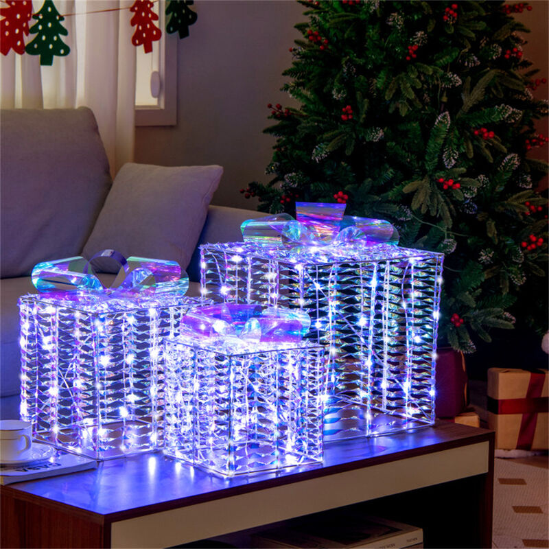 Set of 3 Lighted Christmas Gift Boxes with Bows for Holiday Decor