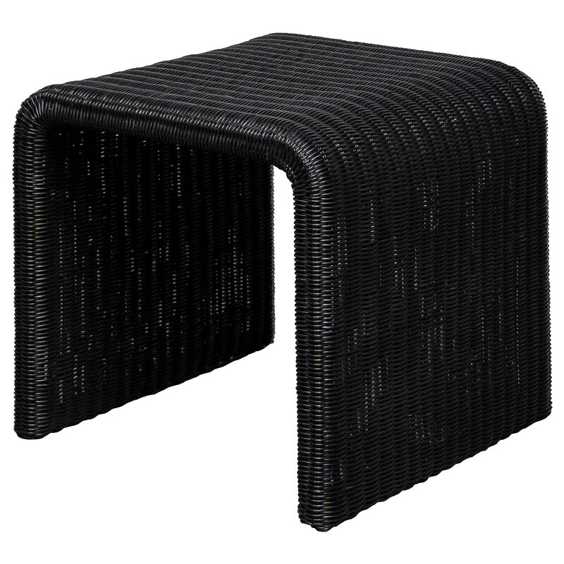 Gigi 22 Inch Side End Table, Black Woven Rattan, Square Waterfall Edges - Benzara