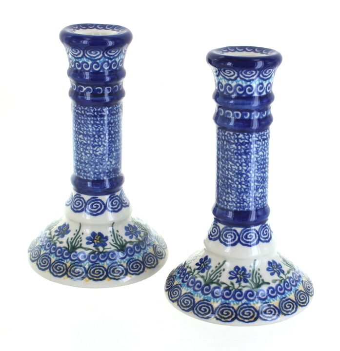 Blue Rose Polish Pottery Spring Blossom Candlestick Pair