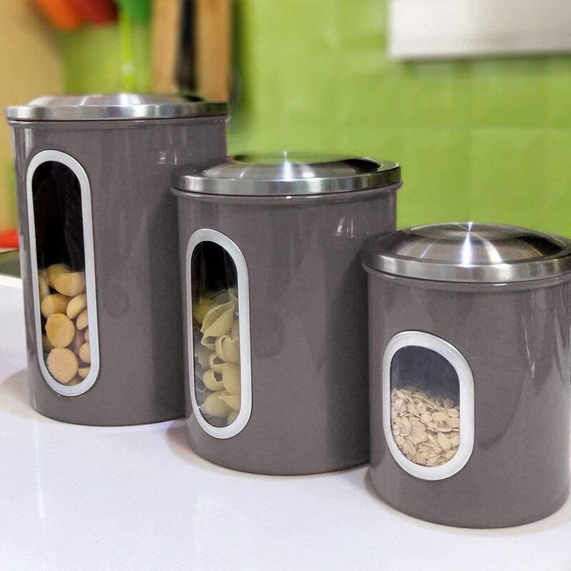 3-Piece Stainless Steel Sealed Canister Set for Kitchen Storage - See-Through Design for Easy Viewing (8oz, 12oz, 16oz, Brown)