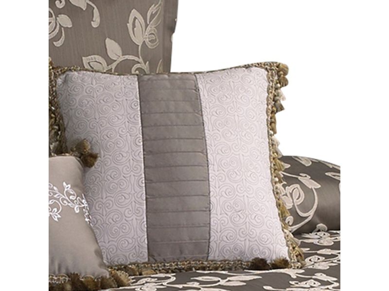 10 Piece King Polyester Comforter Set with Leaf Print, Platinum Gray - Benzara