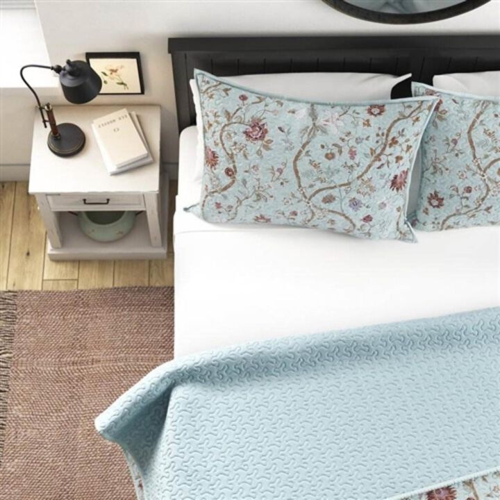 Hivvago King size 3 Piece Farmhouse Blue Teal Floral Vines Cotton Reversible Quilt Set