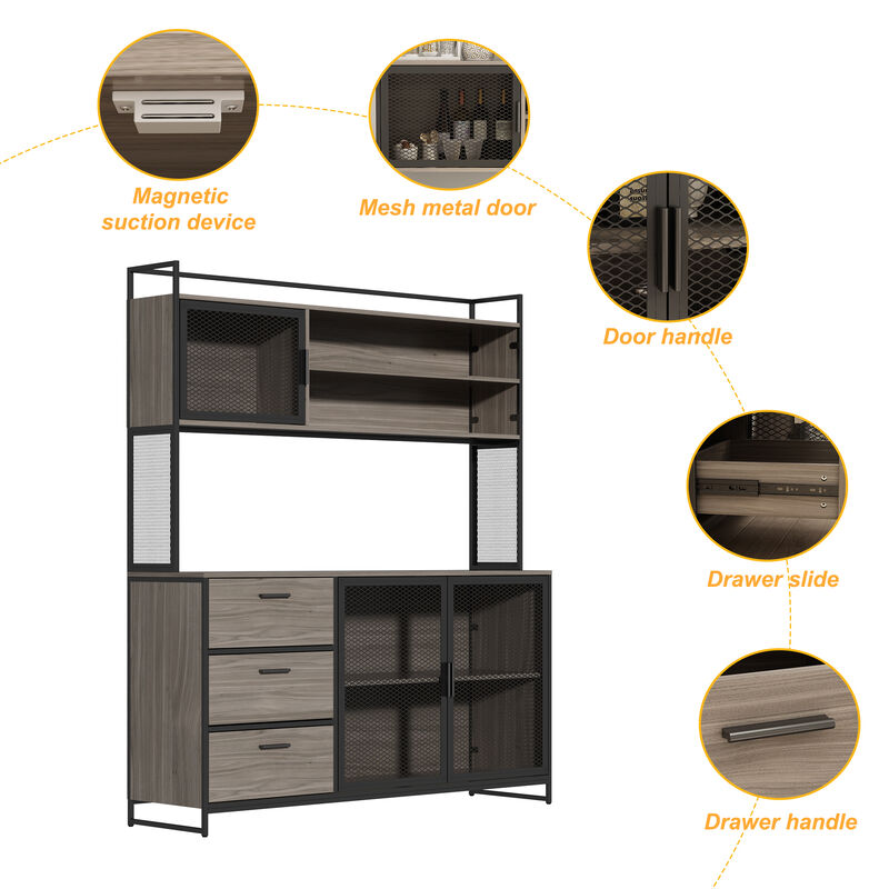 59 in. W Kitchen Light Brown Wood Buffet Sideboard Pantry Cabinet For Dining Room with Metal Mesh Doors, 3-Drawers