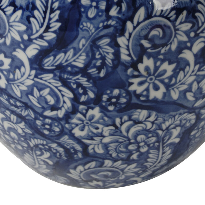 10 Inch Lidded Jar, Curved Round Persian Floral Print, Blue Porcelain - Benzara