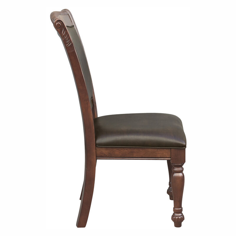 Wooden side chairs set, brown cherry finish, faux leather upholstery