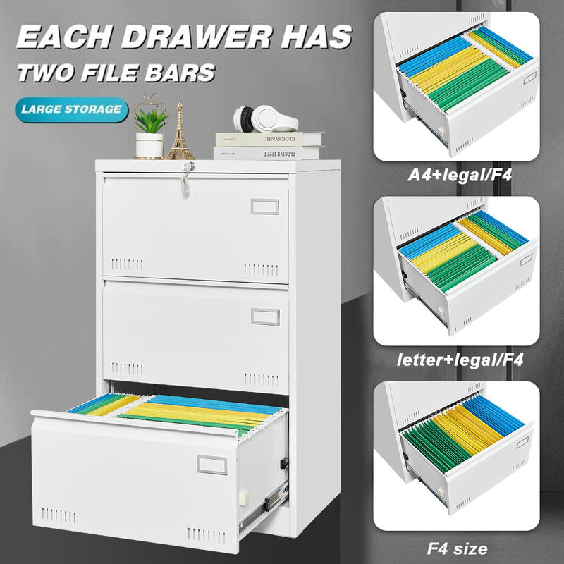 Filing Cabinet Lateral File Cabinet 3 Drawer, Blcak Locking Metal File Cabinets Three Drawer, Office Filing Cabinet with Lock Drawers for Home Office/Legal/Letter/A4/F4