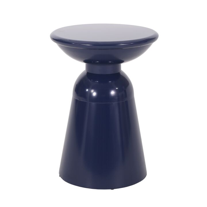Suma Outdoor End Table, Round 15 Inch Top, Pedestal Base, Blue Iron - Benzara