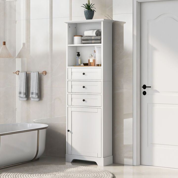 White Tall Storage Cabinet with 3 Drawers and Adjustable Shelves