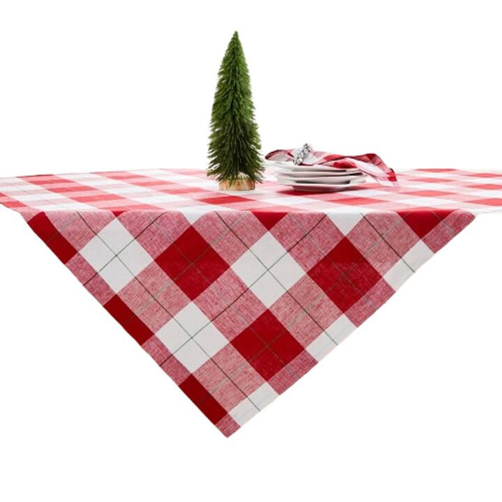 Solino Home 100% Pure Linen Table Throw 52 x 52 Inch | Very Merry Plaid for Thanksgiving, Christmas