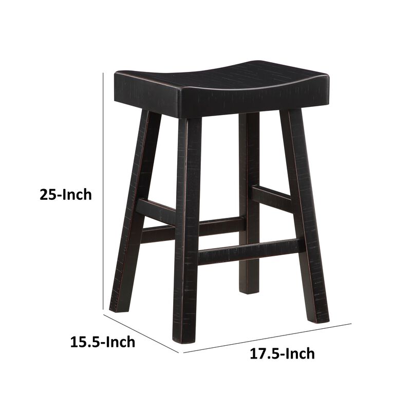 Casy 25 Inch Counter Height Stool, Saddle Seat, Black Rubberwood, Set of 2 - Benzara