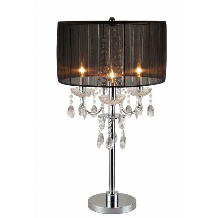 Metal Chandelier Table Lamp with Crystal Accent, Set of 2,Black and Chrome-Benzara