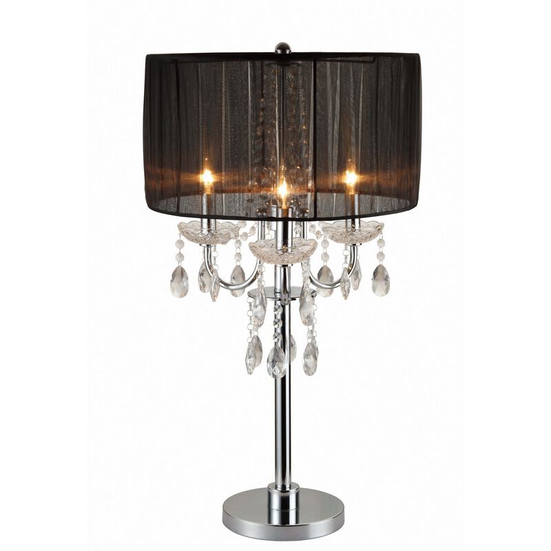 Metal Chandelier Table Lamp with Crystal Accent, Set of 2,Black and Chrome-Benzara