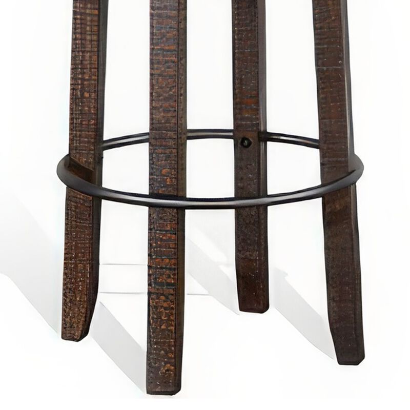 Flint Swivel Barstool Set of 2, Black Faux Leather, Dark Brown Wood - Benzara