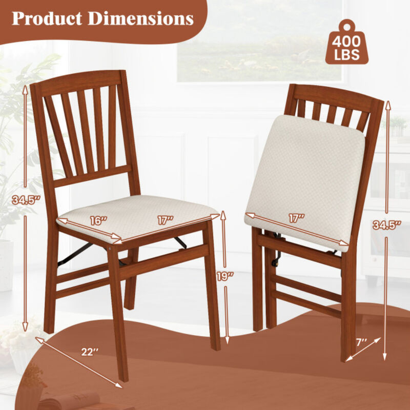 Set of 2 Folding Dining Chairs with Padded Seat and Rubber Wood Frame