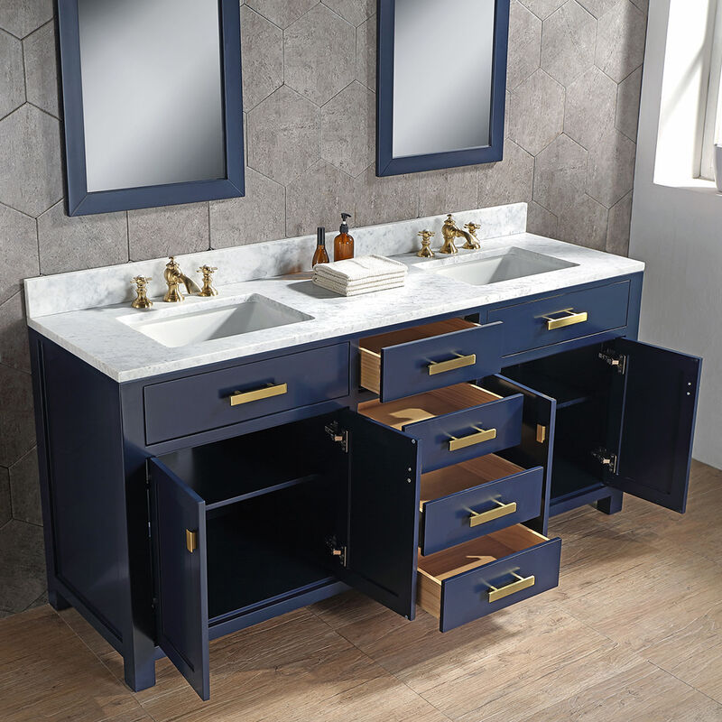 Madison 72 In. Double Sink Carrara White Marble Countertop Bath Vanity In Monarch Blue with Satin Gold Hardware