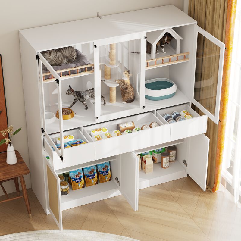 FUFU&GAGA Deluxe Multi-Level Cat Cabinet with Built-In Storage – Stylish and Functional Pet Furniture, 63"W x 19.7"D x 70.9"H, White