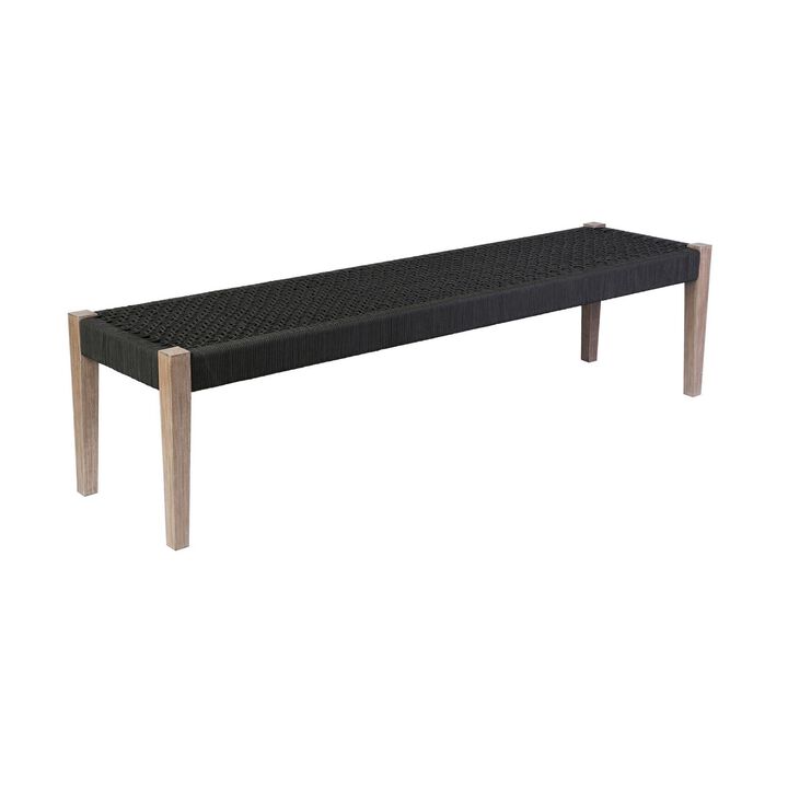 Nif 71 Inch Rectangular Dining Bench, Rope Woven Top, Tapered Legs, Black-Benzara