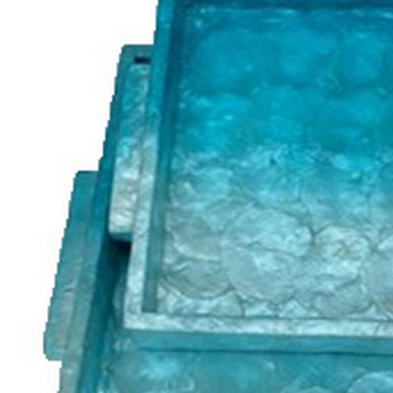 Decorative Tray Set of 2, 18 Inch Rectangular Ombre Blue Capiz Details - Benzara