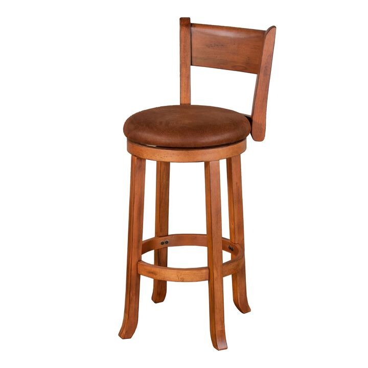 Marv Swivel Barstool Chair Set of 2, Brown Faux Leather, Mahogany Wood - Benzara