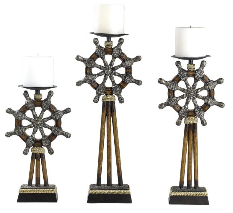 Capi 3pc Candle Holder Set w Candles, Bronze Wheel Shape, Solid Base - Benzara