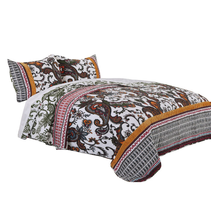 Detroit Fabric 3 Piece Queen Size Quilt Set with Tribal Motifs, Multicolor - Benzara