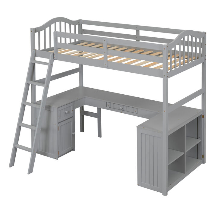 Twin Size Loft Bed With Drawers, Cabinet, Shelves And Desk, Wooden Loft Bed With Desk