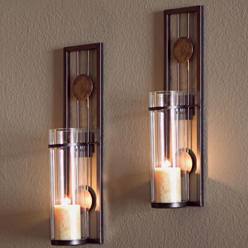 Set of Two Contemporary Metal Wall Sconces With Antique Patina Medallions