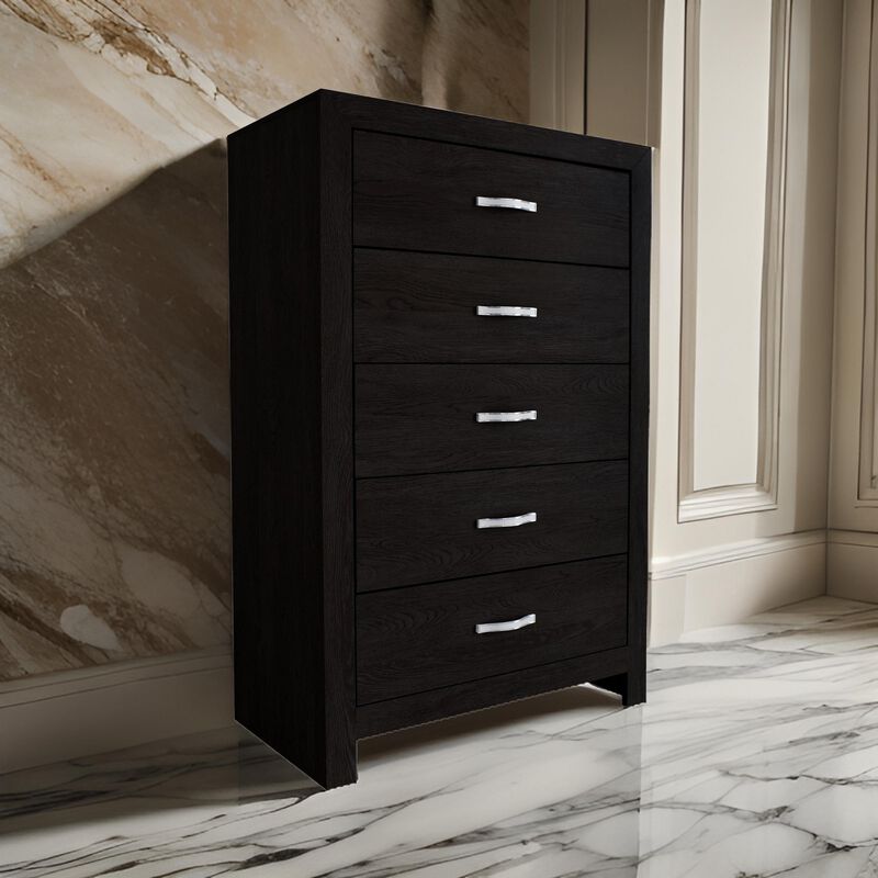 Ancy 48 Inch Tall 5 Drawer Dresser Chest, Faux Diamond Inlay Handles, Black-Benzara
