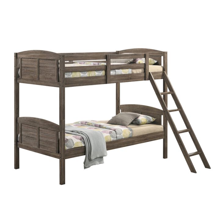 Twin Over Twin Bunk Beds, Curved Headboards, Ladder, Straight Legs, Brown-Benzara
