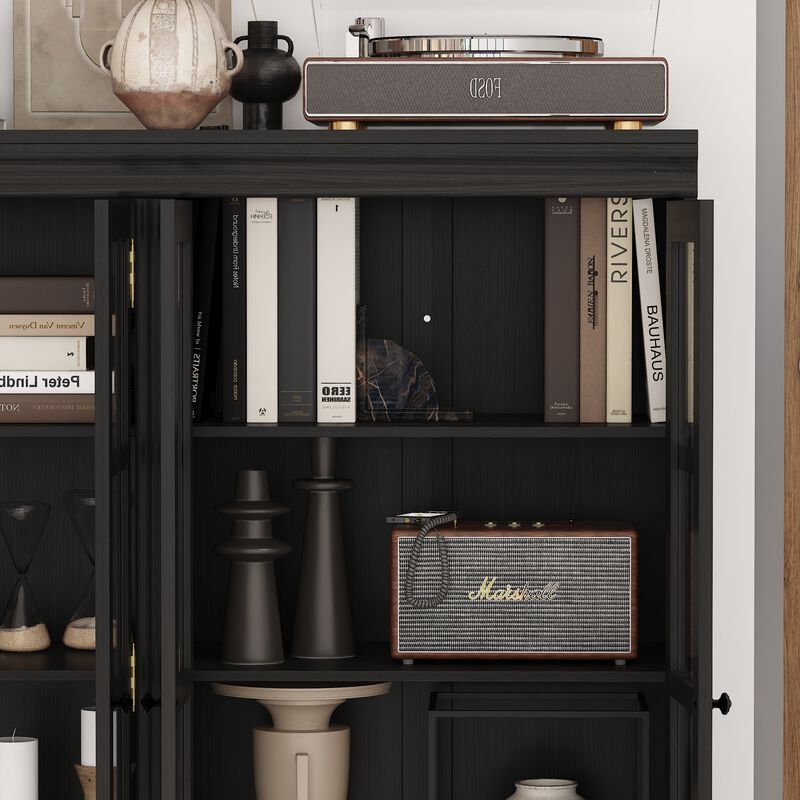FUFU&GAGA Modern Black Glass Door Cabinet with Adjustable Shelves & Metal Handles (47.2" W x 15.7" D x 47.2" H), Black