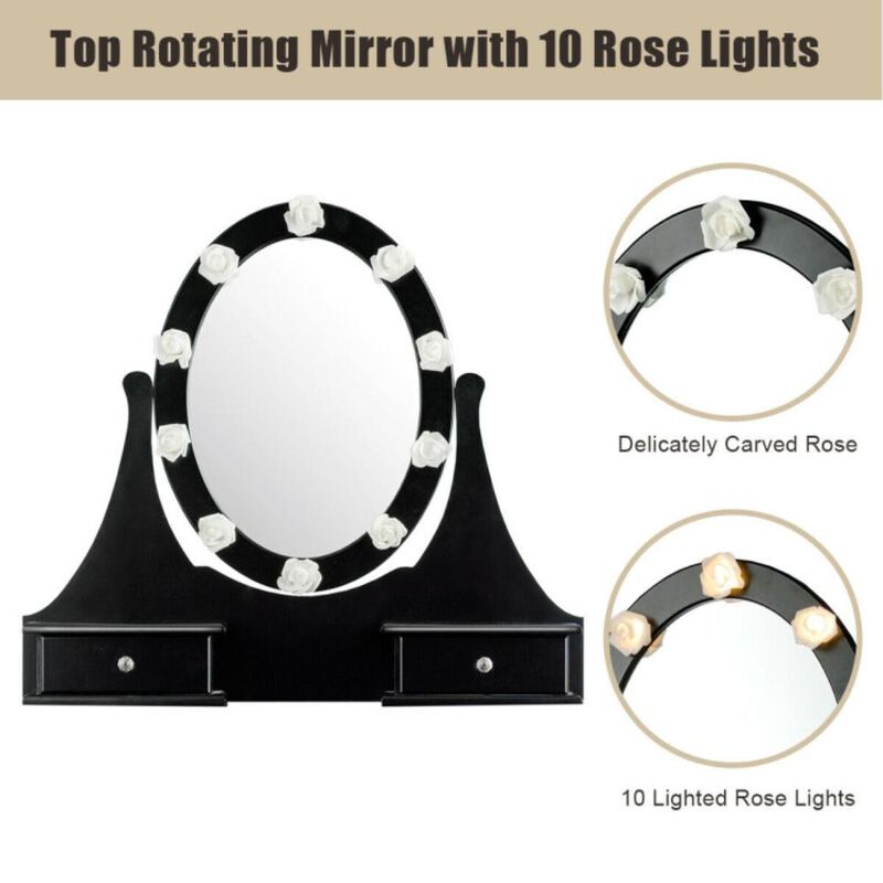 Hivvago 3 Drawers Lighted Mirror Vanity Dressing Table Stool Set-Black